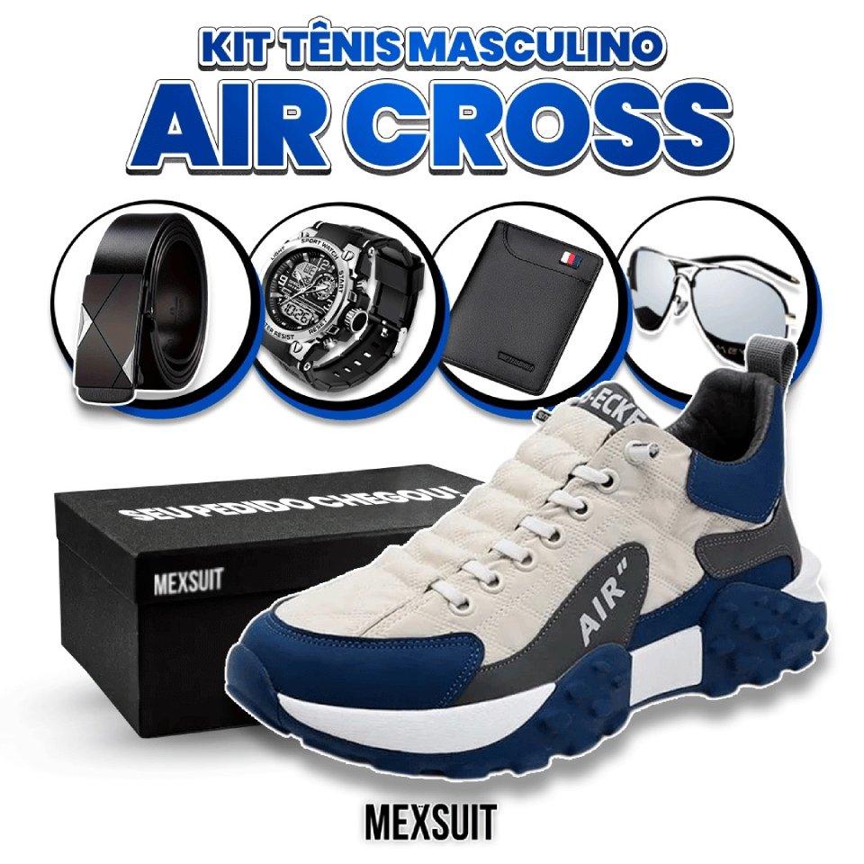 Kit Tênis Air Cross Masculino de Couro Legítimo Ortopédico + BRINDE: Relógio, Cinto, Carteira e Óculos