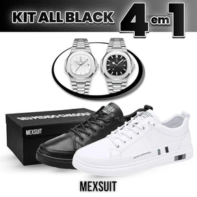 [PAGUE 1 LEVE 4] Kit All Black: 2 Tênis Flat Neo de Couro Legítimo e 2 Relógios Premium