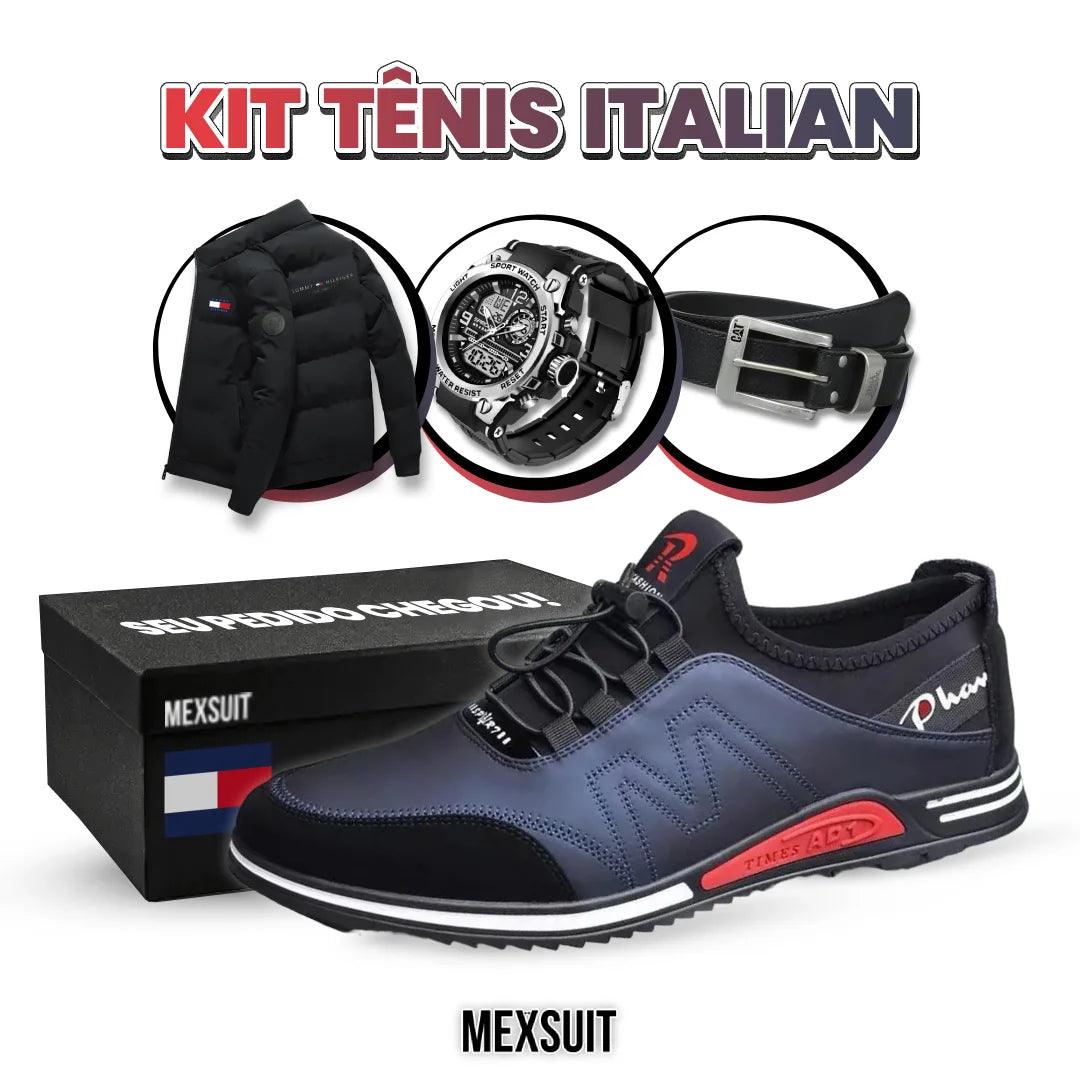 Kit Tênis Italian Masculina de Couro Legitimo + 3 BRINDES: Jaqueta, Relógio e Cinto