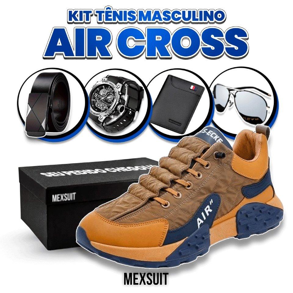 Kit Tênis Air Cross Masculino de Couro Legítimo Ortopédico + BRINDE: Relógio, Cinto, Carteira e Óculos